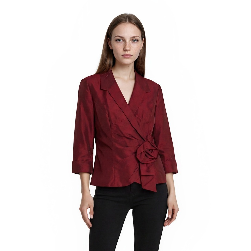 Alex Evenings Jacket Women's Size Large Red Rosette Taffeta Formal Evening Top